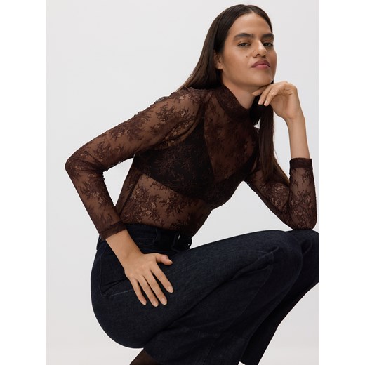 Reserved - Koronkowa bluzka - ciemnobrązowy ze sklepu Reserved w kategorii Bluzki damskie - zdjęcie 187264746