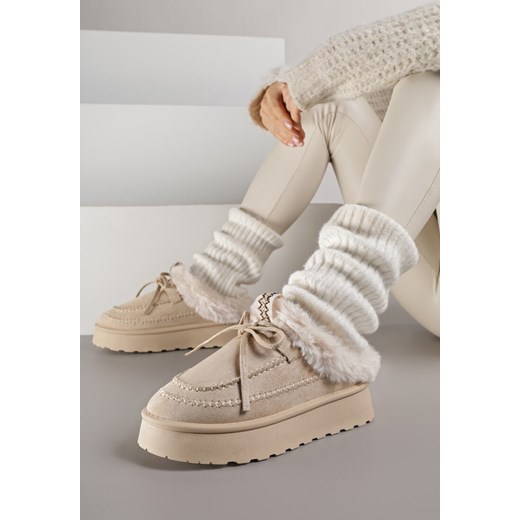 Beżowe Wsuwane Śniegowce w Rustykalnym Stylu z Kokardą i Futrem Tusora - id: 401807 - marki born2be - 187264908 Beżowe Wsuwane Śniegowce w Rustykalnym Stylu z Kokardą i Futrem Tusora ze sklepu born2be.pl w kategorii Śniegowce damskie - zdjęcie 187264908