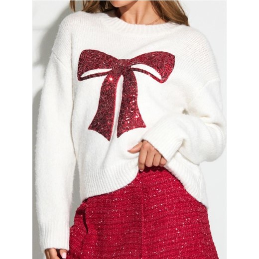 Sinsay - Sweter z cekinową aplikacją w kształcie kokardy i domieszką wełny - kremowy ze sklepu Sinsay w kategorii Swetry damskie - zdjęcie 187266316