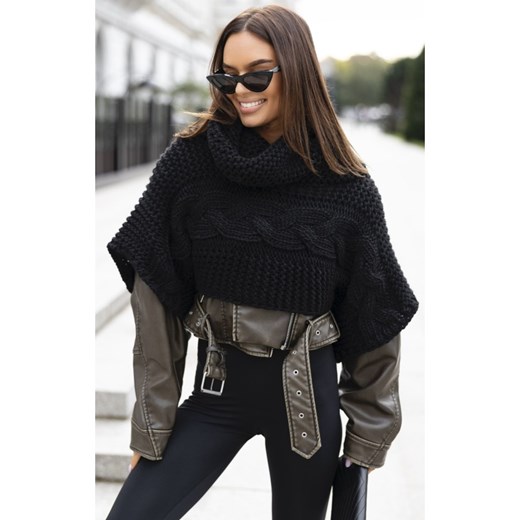 ponczo narzutka susan ze splotem polski producent j&k premium  - czarna - id: 9604 - marki J&k - 187270138 ponczo narzutka susan ze splotem polski producent j&k premium  - czarna ze sklepu STYLOWO w kategorii Swetry damskie - zdjęcie 187270138