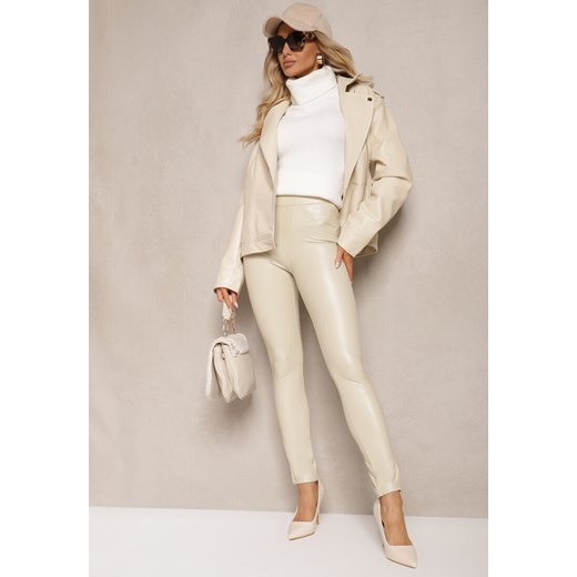 Beżowe Legginsy z Imitacji Skóry High Waist Noriel - id: 234-MIX6K-71-WHITE - marki Renee - 187273806 Beżowe Legginsy z Imitacji Skóry High Waist Noriel ze sklepu renee.pl w kategorii Spodnie damskie - zdjęcie 187273806