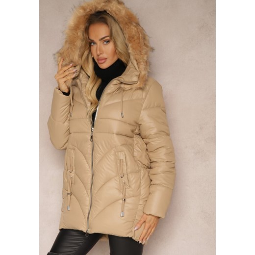 Beżowa Trapezowa Kurtka z Pikowanymi Przeszyciami i Kapturem z Odpinanym Futrem Deoiala ze sklepu renee.pl w kategorii Kurtki damskie - zdjęcie 187277189