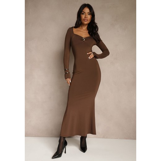 Brązowa Sukienka Koktajlowa z Wiskozą i Metaliczną Klamrą przy Dekolcie Refire - id: E25979-54-BROWN - marki Renee - 187278248 Brązowa Sukienka Koktajlowa z Wiskozą i Metaliczną Klamrą przy Dekolcie Refire ze sklepu renee.pl w kategorii Sukienki - zdjęcie 187278248