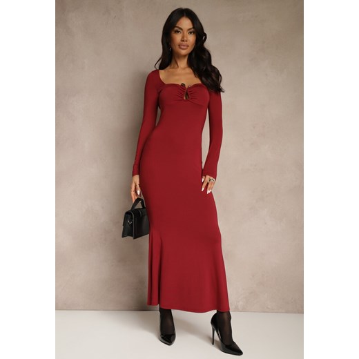 Bordowa Sukienka Koktajlowa z Wiskozą Ozdobiona Metaliczną Aplikacją Refane - id: E0397-65-BORDO - marki Renee - 187278258 Bordowa Sukienka Koktajlowa z Wiskozą Ozdobiona Metaliczną Aplikacją Refane ze sklepu renee.pl w kategorii Sukienki - zdjęcie 187278258