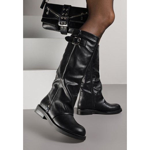 Czarne Kozaki w Stylu Bikerów z Klamrą i Suwakiem Linfara - id: MS1615-38-BLACK - marki Renee - 187278275 Czarne Kozaki w Stylu Bikerów z Klamrą i Suwakiem Linfara ze sklepu renee.pl w kategorii Kozaki damskie - zdjęcie 187278275