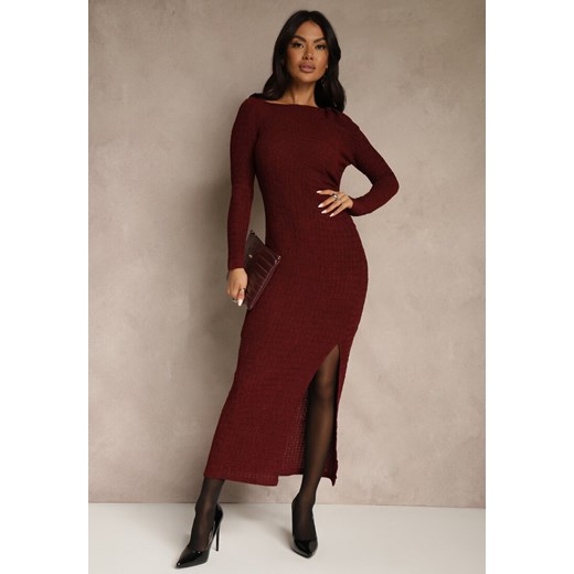 Bordowa Sukienka o Dopasowanym Kroju Ozdobiona Metaliczną Aplikacją Reittia - id: E26080-65-BORDO - marki Renee - 187279766 Bordowa Sukienka o Dopasowanym Kroju Ozdobiona Metaliczną Aplikacją Reittia ze sklepu renee.pl w kategorii Sukienki - zdjęcie 187279766