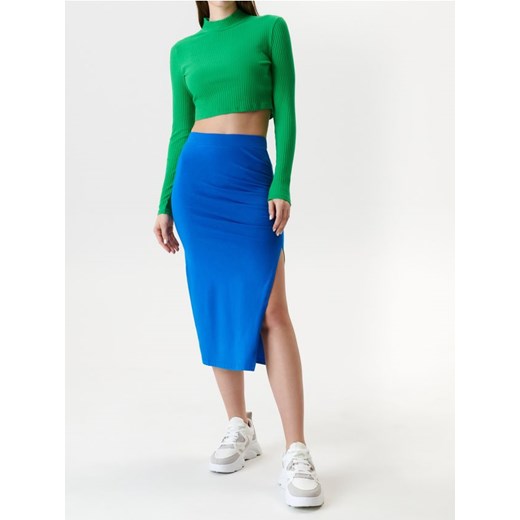 Sinsay - Bawełniana spódnica midi z rozcięciem i marszczeniem z boku - niebieski ze sklepu Sinsay w kategorii Spódnice - zdjęcie 187280777