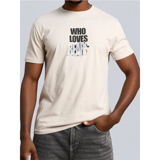 Sinsay - Bawełniana koszulka z napisem - beżowy ze sklepu Sinsay w kategorii T-shirty męskie - zdjęcie 187280799