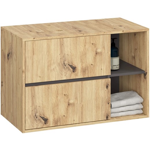 Wisząca szafka łazienkowa 90 cm dąb artisan + grafit szary E9-L14 - id: 53680 - marki Elior - 187287648 Wisząca szafka łazienkowa 90 cm dąb artisan + grafit szary E9-L14 ze sklepu Edinos.pl w kategorii Szafki i regały łazienkowe - zdjęcie 187287648