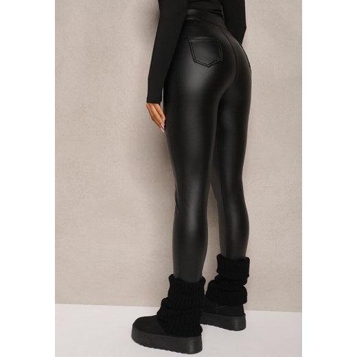 Czarne Legginsy z Imitacji Skóry High Waist Ozdobione Wsuwanymi Kieszeniami Renee L renee.pl