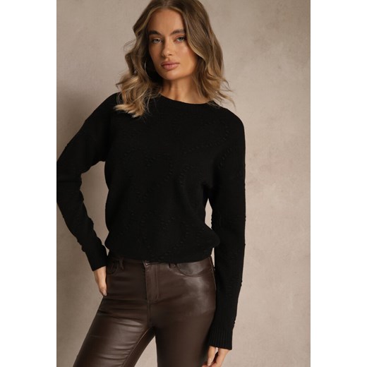 Czarny Sweter z Tłoczonymi Sercami Unareia - id: WMY-5795-MIX6K-38-BLACK - marki Renee - 187289568 Czarny Sweter z Tłoczonymi Sercami Unareia ze sklepu renee.pl w kategorii Swetry damskie - zdjęcie 187289568