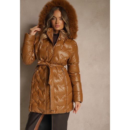 Brązowa Kurtka Pikowana z Odpinanym Futerkiem i Kapturem Ozdobiona Paskiem Olinesa ze sklepu renee.pl w kategorii Kurtki damskie - zdjęcie 187290165