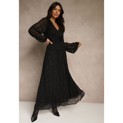 Czarna Rozkloszowana Sukienka z Siateczki w Kwiatowy Wzór Fezuna - id: 5475-5-BIG-38-BLACK - marki Renee - 187290177 Czarna Rozkloszowana Sukienka z Siateczki w Kwiatowy Wzór Fezuna ze sklepu renee.pl w kategorii Sukienki - zdjęcie 187290177