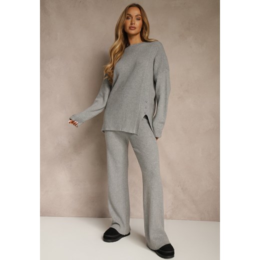 Ciemnoszary Komplet z Wełną i Bawełną Sweter z Guzikami i Szerokie Spodnie Reinelia - id: 3823-M-40-D.GREY - marki Renee - 187290187 Ciemnoszary Komplet z Wełną i Bawełną Sweter z Guzikami i Szerokie Spodnie Reinelia ze sklepu renee.pl w kategorii Komplety i garnitury damskie - zdjęcie 187290187