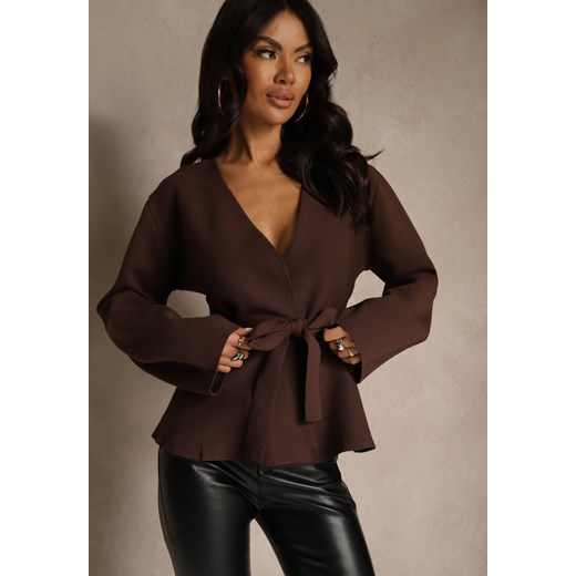 Brązowy Kardigan z Wiskozą Ozdobiony w Pasie Wiązaniem Tusllima ze sklepu renee.pl w kategorii Swetry damskie - zdjęcie 187290237
