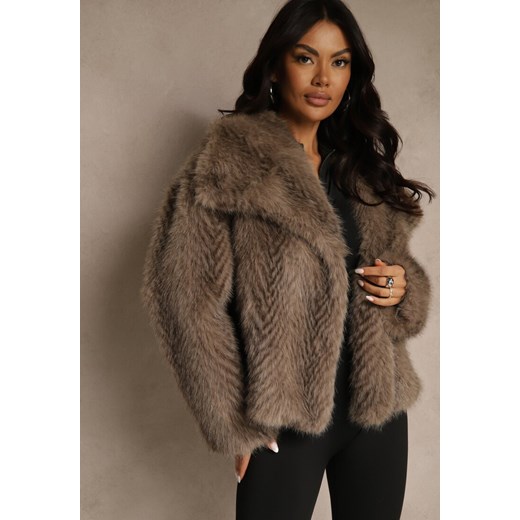 Jasnobrązowa Kurtka Futerko Ozdobione Cieniowanym Motywem Monideva ze sklepu renee.pl w kategorii Futra damskie - zdjęcie 187290247