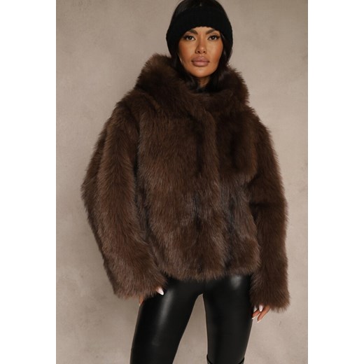 Brązowa Kurtka Futerko z Nieodpinanym Kapturem Tusnema ze sklepu renee.pl w kategorii Futra damskie - zdjęcie 187290257
