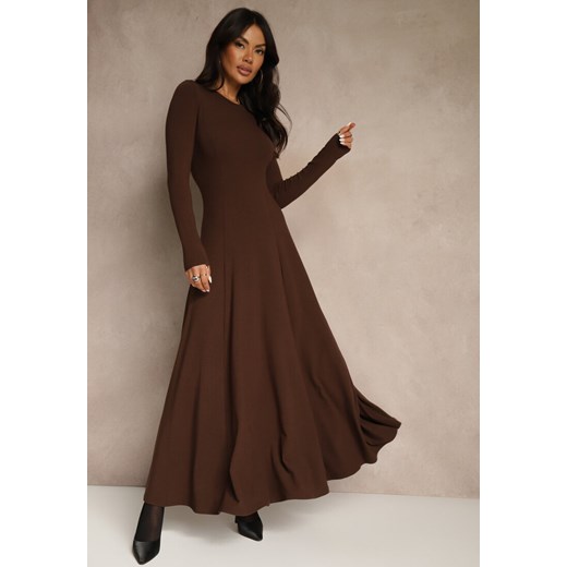 Brązowa Rozkloszowana Sukienka z Bawełny Tusmala - id: HS9956-448-COFFEE - marki Renee - 187290287 Brązowa Rozkloszowana Sukienka z Bawełny Tusmala ze sklepu renee.pl w kategorii Sukienki - zdjęcie 187290287