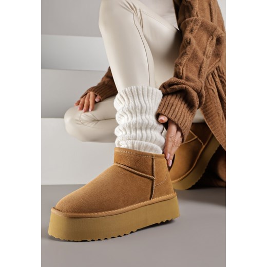 Jasnobrązowe Wsuwane Śniegowce z Zamszu Naturalnego na Grubej Podeszwie Mevilira - id: 6391-SKORA-68-CAMEL - marki Renee - 187290347 Jasnobrązowe Wsuwane Śniegowce z Zamszu Naturalnego na Grubej Podeszwie Mevilira ze sklepu renee.pl w kategorii Śniegowce damskie - zdjęcie 187290347