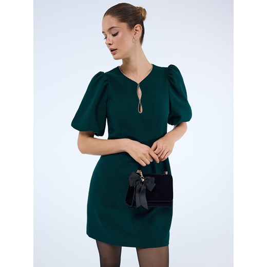 Mohito - Zielona sukienka mini z bufiastymi rękawami - ciemny zielony - id: 004HV-79X - marki Mohito - 187291889 Mohito - Zielona sukienka mini z bufiastymi rękawami - ciemny zielony ze sklepu Mohito w kategorii Sukienki - zdjęcie 187291889