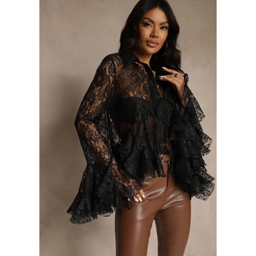 Czarna Koszula z Koronki z Falbankami Ezifina ze sklepu renee.pl w kategorii Koszule damskie - zdjęcie 187292455