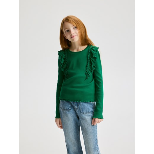 Reserved - Prążkowana bluzka z falbanką - zielony ze sklepu Reserved w kategorii Bluzki dziewczęce - zdjęcie 187292616