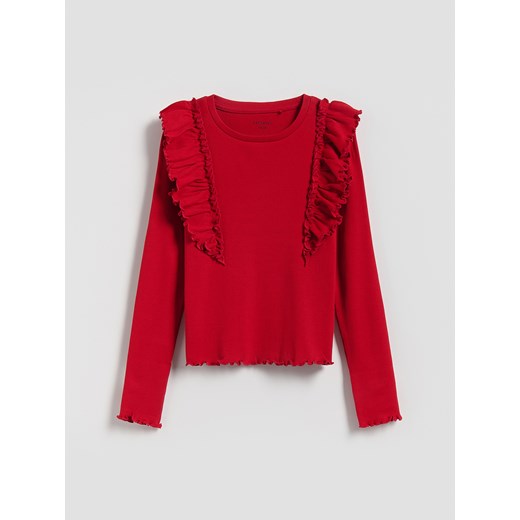 Reserved - Prążkowana bluzka z falbanką - czerwony ze sklepu Reserved w kategorii Bluzki dziewczęce - zdjęcie 187294276
