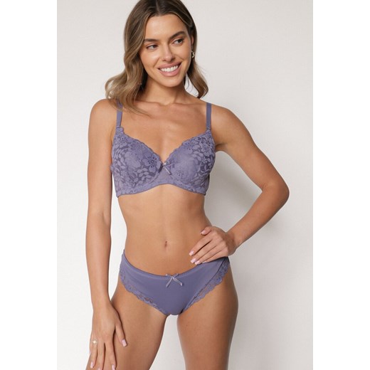 Fioletowy Klasyczny Komplet Biustonosz i Majtki Figi z Koronką Ezilene ze sklepu born2be.pl w kategorii Komplety bielizny damskiej - zdjęcie 187294725