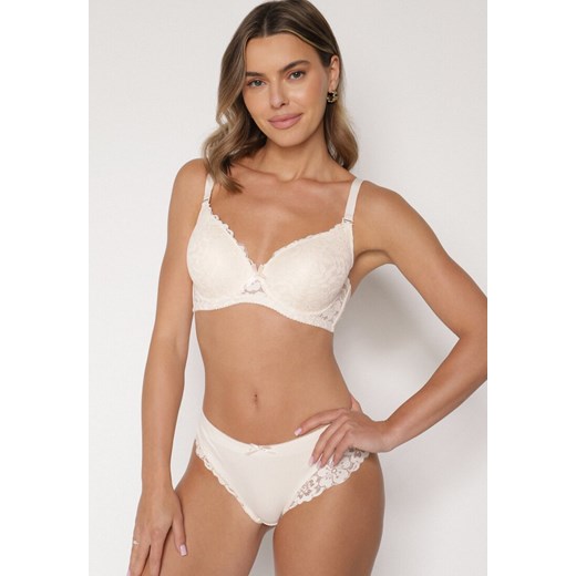 Beżowy Klasyczny Komplet Biustonosz i Majtki Figi z Koronką Ezilene ze sklepu born2be.pl w kategorii Komplety bielizny damskiej - zdjęcie 187294737