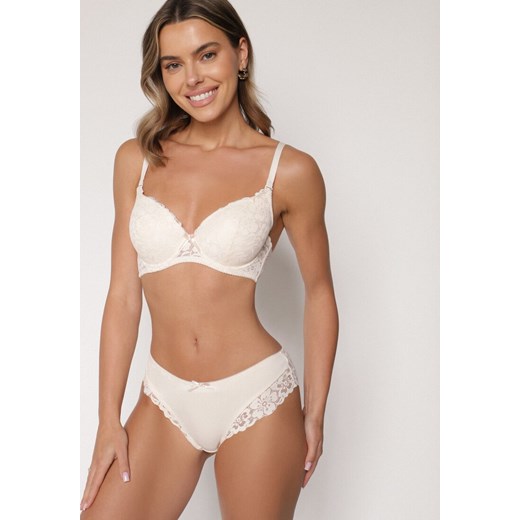 Jasnobeżowy Komplet Biustonosz i Majtki Typu Figi Ozdobiony Koronką Ezivane ze sklepu born2be.pl w kategorii Komplety bielizny damskiej - zdjęcie 187294749