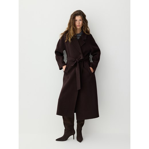 Reserved - Płaszcz handmade z wełną - ciemnobrązowy ze sklepu Reserved w kategorii Płaszcze damskie - zdjęcie 187295996