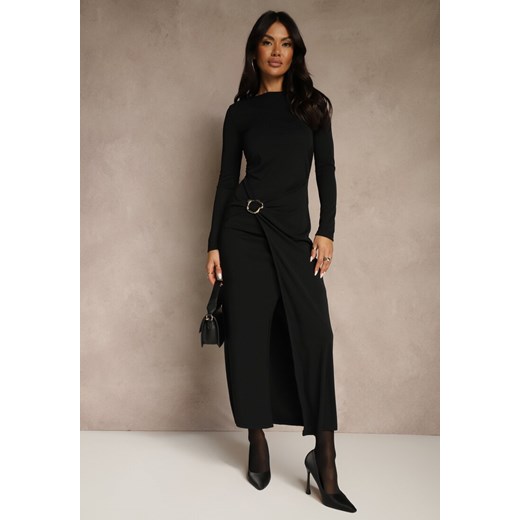 Czarna Elegancka Sukienka Zdobiona Marszczeniem i Metaliczną Aplikacją Raselia - id: 5028-5028-38-BLACK - marki Renee - 187296855 Czarna Elegancka Sukienka Zdobiona Marszczeniem i Metaliczną Aplikacją Raselia ze sklepu renee.pl w kategorii Sukienki - zdjęcie 187296855