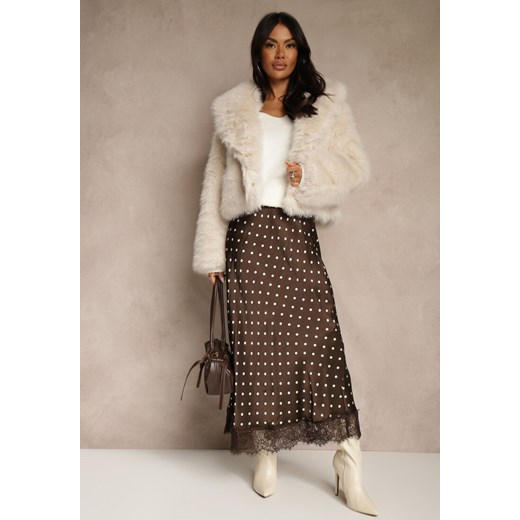 Brązowa Spódnica z Wiskozy High Waist Ozdobiona Kropkami i Koronką Monivia ze sklepu renee.pl w kategorii Spódnice - zdjęcie 187296865