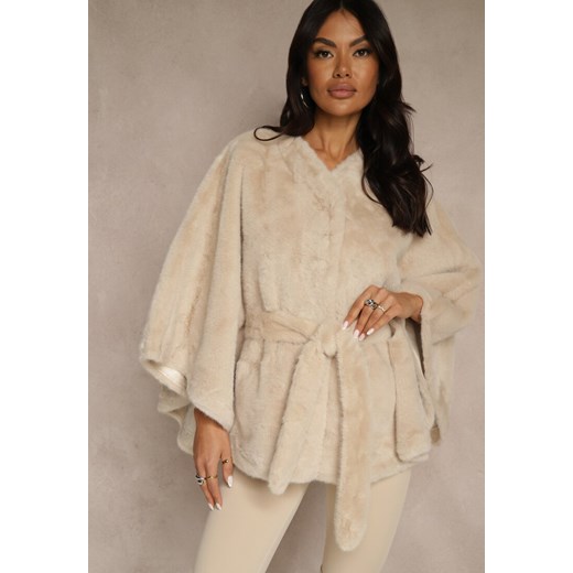 Beżowe Futerkowe Ponczo Ozdobione Paskiem Monareva ze sklepu renee.pl w kategorii Poncza - zdjęcie 187296885