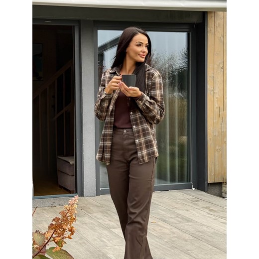 Czekoladowa Koszula Damska w Kratę ze sklepu ModnaKiecka.pl w kategorii Koszule damskie - zdjęcie 187297519