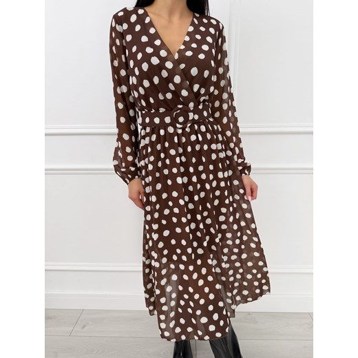 Brązowa Kopertowa Sukienka w Grochy ze sklepu ModnaKiecka.pl w kategorii Sukienki - zdjęcie 187300586