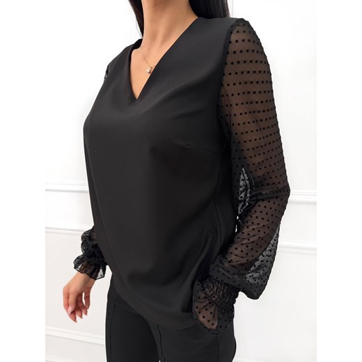Czarna Elegancka Bluzka z Siateczkowym Rękawem ze sklepu ModnaKiecka.pl w kategorii Bluzki damskie - zdjęcie 187300617