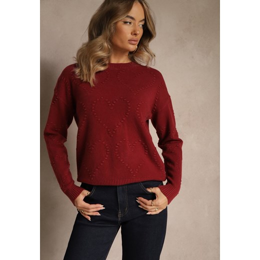 Bordowy Sweter z Tłoczonymi Sercami Unareia - id: WMY-5795-MIX6K-65-BORDO - marki Renee - 187304989 Bordowy Sweter z Tłoczonymi Sercami Unareia ze sklepu renee.pl w kategorii Swetry damskie - zdjęcie 187304989