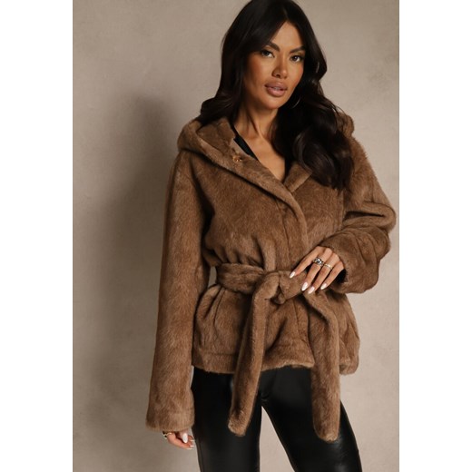 Jasnobrązowa Futerkowa Kurtka z Kapturem i Wiązanym Paskiem Zetele ze sklepu renee.pl w kategorii Futra damskie - zdjęcie 187305005