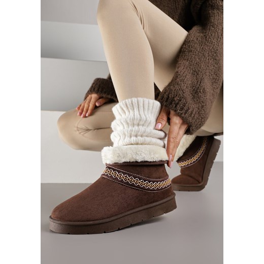 Ciemnobrązowe Rustykalne Śniegowce z Imitacji Zamszu z Haftem i Futerkiem Zetilda - id: LT412-448-COFFEE - marki Renee - 187305019 Ciemnobrązowe Rustykalne Śniegowce z Imitacji Zamszu z Haftem i Futerkiem Zetilda ze sklepu renee.pl w kategorii Śniegowce damskie - zdjęcie 187305019