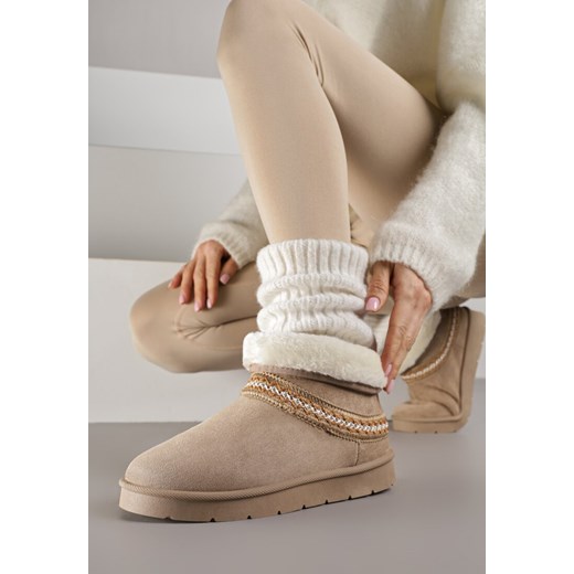 Ciemnobeżowe Rustykalne Śniegowce z Imitacji Zamszu z Haftem i Futerkiem Zetilda - id: LT412-85-KHAKI - marki Renee - 187305026 Ciemnobeżowe Rustykalne Śniegowce z Imitacji Zamszu z Haftem i Futerkiem Zetilda ze sklepu renee.pl w kategorii Śniegowce damskie - zdjęcie 187305026