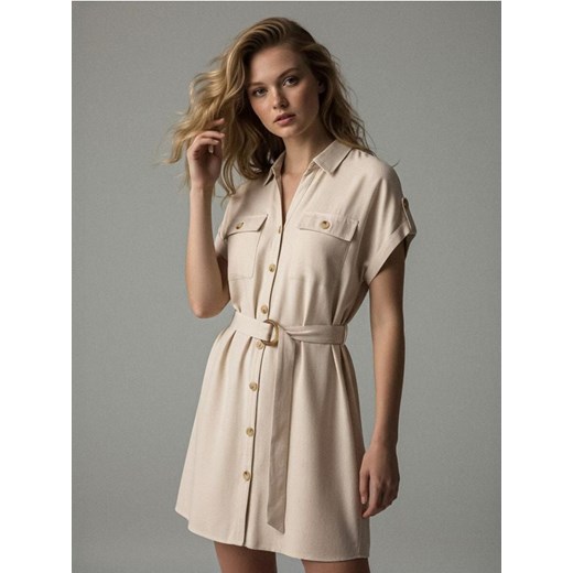 Sinsay - Koszulowa sukienka mini z wiskozą i domieszką lnu - kremowy ze sklepu Sinsay w kategorii Sukienki - zdjęcie 187306059