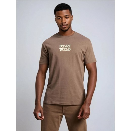 Sinsay - Bawełniana koszulka z napisem - brązowy ze sklepu Sinsay w kategorii T-shirty męskie - zdjęcie 187306106
