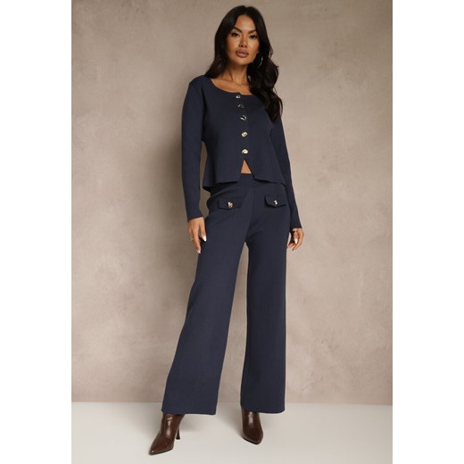 Granatowy Elegancki Komplet z Dzianiny z Wiskozą Kardigan i Spodnie Delinavea ze sklepu renee.pl w kategorii Komplety i garnitury damskie - zdjęcie 187308566