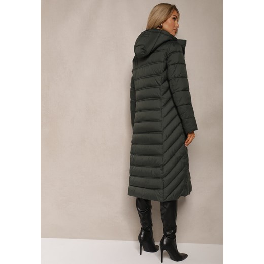 Ciemnozielona Długa Kurtka z Pikowanymi Przeszyciami i Kapturem z Możliwością Renee XL renee.pl