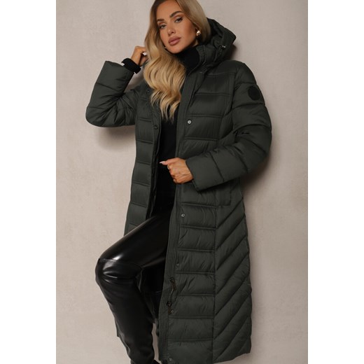 Ciemnozielona Długa Kurtka z Pikowanymi Przeszyciami i Kapturem z Możliwością Renee M renee.pl
