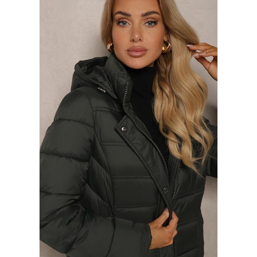 Ciemnozielona Długa Kurtka z Pikowanymi Przeszyciami i Kapturem z Możliwością Renee L renee.pl