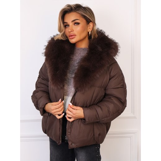 KURTKA Z FUTERKIEM ZAPINANA NA ZAMEK I ZATRZASKI- CZEKOLADOWA ze sklepu olika.com.pl w kategorii Kurtki damskie - zdjęcie 187320818