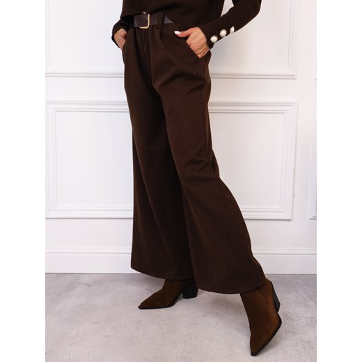 SPODNIE DZIANINOWE SZEROKIE Z PASKIEM- CZEKOLADOWE ze sklepu olika.com.pl w kategorii Spodnie damskie - zdjęcie 187320829