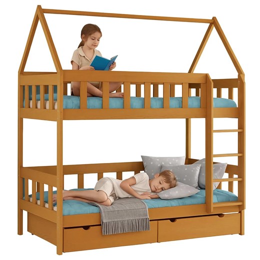 Piętrowe łóżko domek z drewna dla dwójki dzieci, olcha K1-R27 ze sklepu Edinos.pl w kategorii Łóżka dziecięce - zdjęcie 187322648